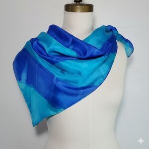 Silk 33x35" Scarf Signed FT Turquoise Cobalt Blue Hand Dyed Rolled Vintage